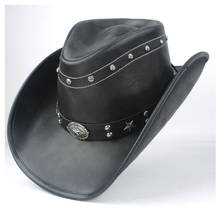 Мужская и женская черная кожаная западная ковбойская шляпа в стиле панк с поясом широкая шляпа размер 58-59 см 2024 - купить недорого