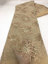 Ouro pesado lantejoulas moda flor bordado tecido de renda africano 2020 nigeriano francês malha tule tecido renda para o vestido casamento 2024 - compre barato