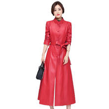 2021 New Women Red PU Leather Trench Coat Autumn Long Jacket Button Warm Thicken Temperament PU Leather Windbreaker With Belt 2024 - buy cheap