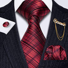 Gold Brooch Red Plaid Tie Classic Silk Necktie Set Handkerchief Cufflinks Cravat For Men Wedding Business Barry.Wang GS-5208 2024 - buy cheap