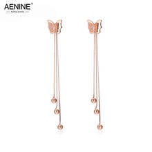 AENINE-pendientes de acero inoxidable con diseño de mariposas para mujer, aretes largos de líneas, Color oro rosa, AE17093 2024 - compra barato