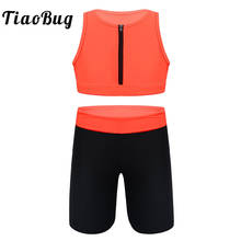 TiaoBug-chándal de bloque de Color para niños, Top corto con cremallera y pantalones cortos de Ballet para gimnasia, conjuntos deportivos, Ropa de baile para Fitness 2024 - compra barato