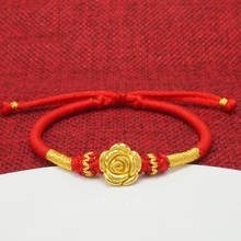 Реальные 999 24K желтого золота браслет Для женщин удачи 3D подвеска в форме цветка розы с красным плетение браслета 1-1,3g 2024 - купить недорого