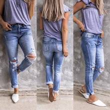 Calça feminina jeans retrô rasgada com buraco, jeans liso lavado, calça feminina stretch 2024 - compre barato