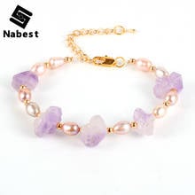 Pulseira feminina com pérolas de água doce, irregular, pedra natural, ametismas, cristal roxo, formato oval, joia, pulseira dourada 2024 - compre barato