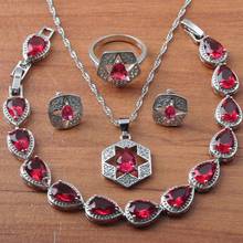 Color de plata joyería nupcial conjunto de cristal rojo de la joyería para las mujeres pendientes de collar anillo y brazalete dama regalo JS0649 2024 - compra barato