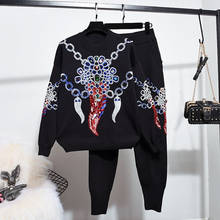 2019Autumn Winter Knitwear Two Piece Set Women Sequin Colorful Beads Loose Long Sleeve knit Sweater Long Pants OL Outfits Female 2024 - buy cheap