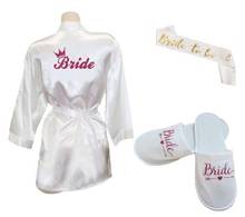 Customize 3pc set of glitter gold bride satin short bride robe slippers bridal sash peignoir women Bridal Party 2019 kimono robe 2024 - buy cheap