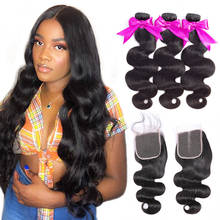 RESHINE Peruvian Body Wave 100% Human Hair Bundles With Closure Remy Body Wave Hair Weave Extensions With 4x4 Lace Closure  2024 - buy cheap