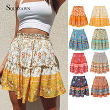 8 Colors Women Vintage Floral Print Short Skirts Casual Boho Pleated A-Line Skirt Ruffle Mini Skirt Summer Holiday Beach Skirt 2024 - buy cheap