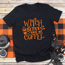 Camiseta gráfica bruxa prateada ao café, camiseta feminina engraçada para outono, dia das bruxas, abóbora e tempero 2024 - compre barato