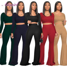 Plain Color Two Piece Sets Causal Long Sleeve Crop Tops Jogger Flare Pants Suit  Outfit Sportwear Tracksuit Fitness Matching Set 2024 - buy cheap