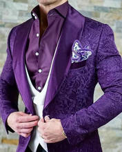 Men Suits Purple Pattern and Black Groom Tuxedos Shawl Satin Lapel Groomsmen Wedding Best Man( Jacket+Pants+Vest+Tie ) C770 2024 - buy cheap