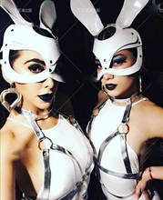 hollow high fork Siamese gogo costumes Nightclub rabbit ears white leather mask 2024 - buy cheap