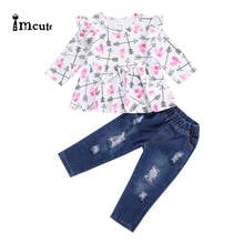 Imcute-Conjunto de ropa para niña, traje con estampado Floral, cuello redondo, Top de manga larga, pantalones vaqueros Con agujeros para primavera y otoño, 2 piezas 2024 - compra barato