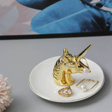 Estante de cerámica de unicornio dorado para decoración del hogar, bandeja de almacenamiento creativa de estilo nórdico para joyería, soporte para anillo y pendientes para habitación de niña, accesorios artesanales 2024 - compra barato