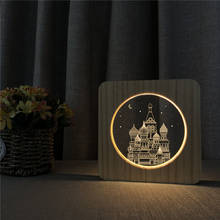 Mosow kremlin edifício templo 3d led arylic de madeira noite lâmpada mesa luz interruptor controle escultura lâmpada para o presente das crianças