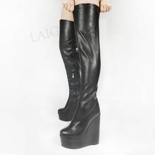 LAIGZEM Women Over Knee High Platform Wedge Boots Faux Leather Zipper Heels Boots 2021 Botines Mujer Large Size 44 46 47 50 52 2024 - buy cheap