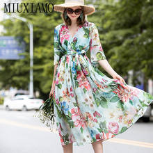 MIUXIMAO High Quality Newest Fashion Runway  Summer Dress Women's Half  Sleeve Retro Art Printed Designer Long Dress With belt 2024 - buy cheap