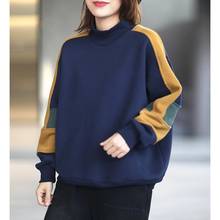 Korean Women Casual Loose Flocking Thicken Warm Long Sleeve Contrast Color Patchwork Sweatshirt Female Chic Trendy Pullover Tops 2024 - buy cheap