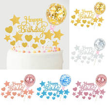 Topper de bolo em ouro rosé, balão prateado com formato de coração, estrela, de feliz aniversário, decoração de sobremesa, lembranças para chá de bebê 2024 - compre barato