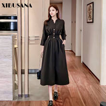 XIBUSANA 2020 A-Line Full Sleeve Solid Vintage Dress Women French Style New Autumn Winter High Waist V-Neck Long Dresses Female 2024 - buy cheap