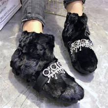 Handmade Women Furry Ankle Boots Crystal Short Booties Winter Warm Bota Feminina Black Mink Fur Snow Boots Flat Botas Mujer 2024 - buy cheap