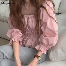 Korean Style Squre Collar Women Tops Spring Chic Wrinkled Puff Sleeve Loose Slim Shirt Ladies Fashion Pink Pleated Blouse 14061 2024 - buy cheap