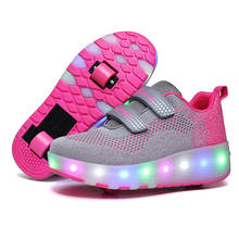 Детские светящиеся кроссовки с двумя колесами, черный, красный, розовый светодиодный светильник, обувь для роликовых коньков, детская обувь с подсветкой для мальчиков и девочек, зарядка от usb 2024 - купить недорого