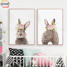 Bebê animal com flores cartaz do berçário arte da parede da lona impressão coelho veados pintura nordic crianças decoração imagem quarto decoração 2024 - compre barato