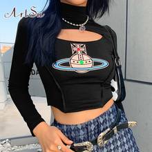 Camiseta feminina manga longa artsu com desenho vazado, blusa básica gola alta moda outono ts52614 2024 - compre barato