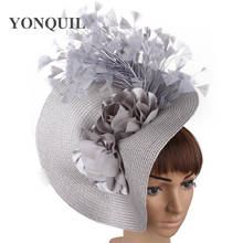 Imitação de palha, chapéu fascinator big derby com flor, faixa de cabeça com penas elegantes, acessórios de cabelo 2024 - compre barato