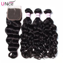 Unice cabelo peruano onda natural fechamento com pacotes 4*4 parte livre fechamento do laço com 3 pacotes de cabelo humano tecelagem cabelo virgem 2024 - compre barato