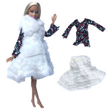 Nk roupa de boneca fashion casaco branco + vestido de estampa, roupa casual diária, acessórios de boneca barbie presente 05f 5x 2024 - compre barato