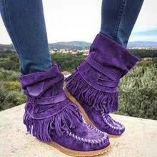 Botas étnicas femininas de estilo romano, calçado curto de camurça de inverno, tassel, sapatos baixos de salto baixo, franjas acolchoadas 2024 - compre barato