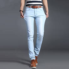Homens jeans magros boa qualidade luz azul jeans dos homens quatro estações magro ajuste denim jeans masculino algodão estiramento calças de cowboy 2024 - compre barato