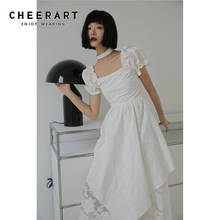 CHEERART Vintage Cotton Puff Sleeve Square Collar White Dress Elegant Summer Short Sleeve Tunic Dress Women Clothing 2024 - buy cheap