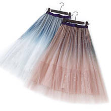 Summer Autumn Skirts Womens Korean Sequin Long Tulle Skirt Gradient Color Pleated A Line Midi Skirt Chic High Waist Skirt Female 2024 - buy cheap