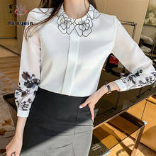 Blusa holgada de gasa para mujer, camisa de manga larga con cuello de flores, color blanco, KN81, para primavera y otoño, novedad de 2021 2024 - compra barato