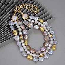 Hh colar de pérola keshi, joias de 20 polegadas, 3 fios, branco genuíno, pérola, cinza, roxo, moeda, pingente cz para mulheres 2024 - compre barato