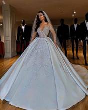 Luxo árabe bola vestido de casamento vestido manga longa grande frisado applique querida botão voltar longo trem vestidos de noiva 2024 - compre barato