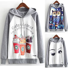 Moda outono inverno manga longa camisola feminina harajuku coruja gato impressão hoodies com capuz agasalho jumper pulôver camisolas 2024 - compre barato