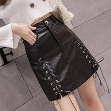 leather skirt short women's 2020 autumn and winter new style PU leather package hip skirts bandage lace up skirts faldas female 2024 - buy cheap