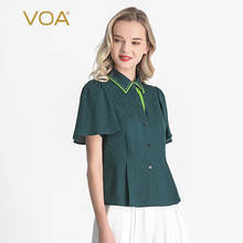 VOA Color Matching Polo-Neck Female Tops Elegant Office Ladies Cozy Silk Jacquard Buttons Shirts Green Shirt Women Summer BE39 2024 - buy cheap