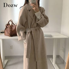 Women Elegant Long Wool Coat With Belt Solid Color Long Sleeve Chic Outerwear Ladies Overcoat Autumn Winter 2020 2024 - buy cheap