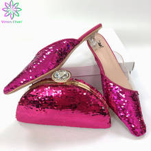 Fuchsia Color Shoes and Bag Set Decorated with Rhinestone Nigerian Women Wedding Shoes and Bag Set African Shoes and Bag Sets 2024 - compre barato