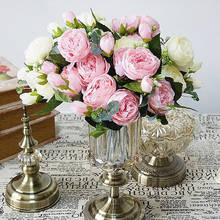 Ramo de flores artificiales de seda rosa de 30 cm, 5 cabezas grandes y 5 tenedores, 4 brotes, flores falsas baratas para decoración del hogar y boda 2024 - compra barato