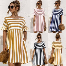 Women Elegant Ruffle Sleeve Striped Patchwork A Line Dress 2021 Summer Casual High Waist O Neck Loose Pocket Dresses Beach Wear 2024 - buy cheap