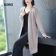 XJXKS Fashion V-neck Printed Women Long Coat 2020 Autumn Winter New Loose Plus Size Cashmere Knitted Cardigan Women Sweater 2024 - buy cheap