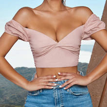 2019 Summer Sexy V Neck Slim Fitness Bustier T Shirts Women Off Shoulder Short Puff Sleeve Navel Bare Cropped Tops Tee Shirts 2024 - buy cheap